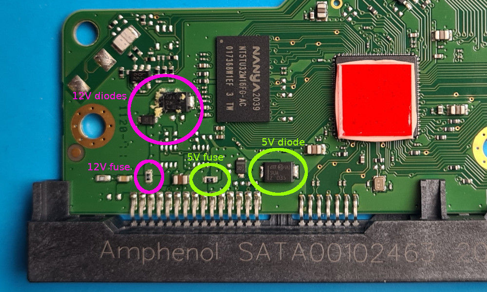 WD WD40EFRX Hard Drive controller board 12V and 5V power diodes and fuses.